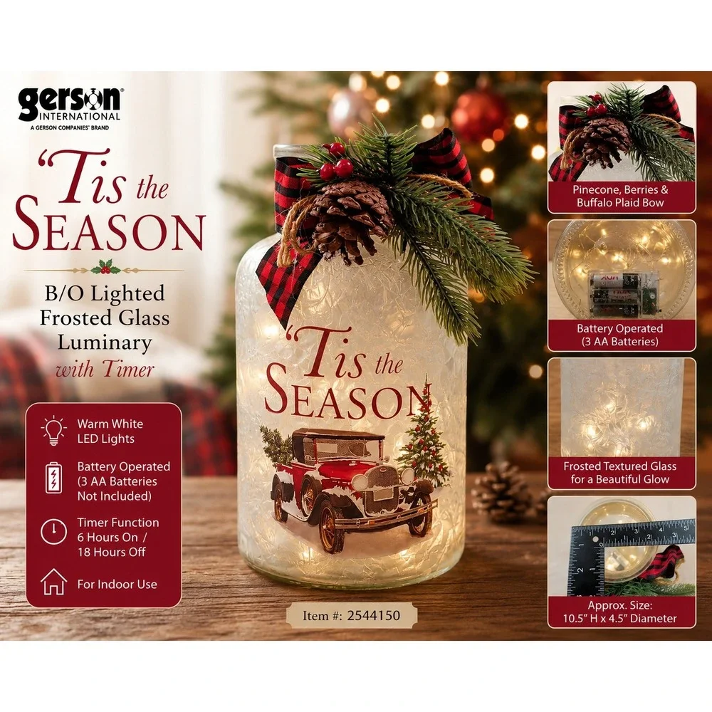 Gerson International Lighted Frosted Glass Christmas Luminary Jar Tis the Season